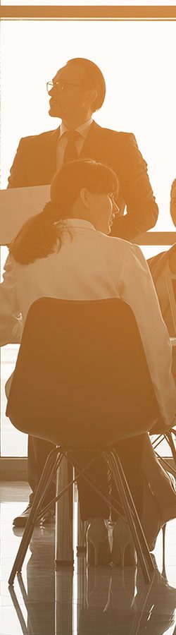 Man silhouetted against the sun speaking to the board of directors.