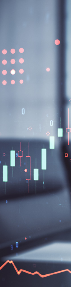 Abstract virtual financial graph hologram on a modern conference room background.