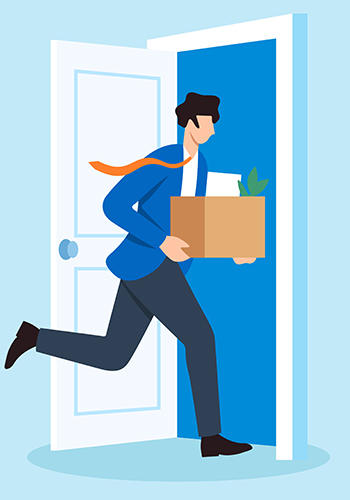 Flat illustration of worker exiting and entering office doors symbolizing organizational change.