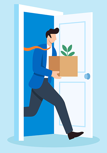 Flat illustration of worker exiting and entering office doors symbolizing organizational change.