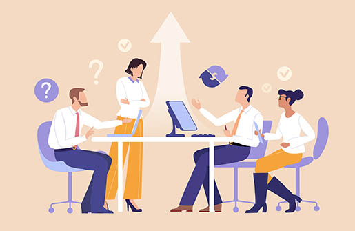 Vector illustration business people talking around desk in an office environment, holding a meeting and collaborating on ideas, symbol of teamwork, communication, and corporate culture